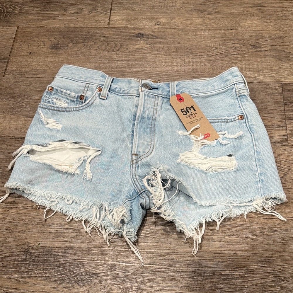 Levi's Light Blue Distressed Jean Shorts 501
